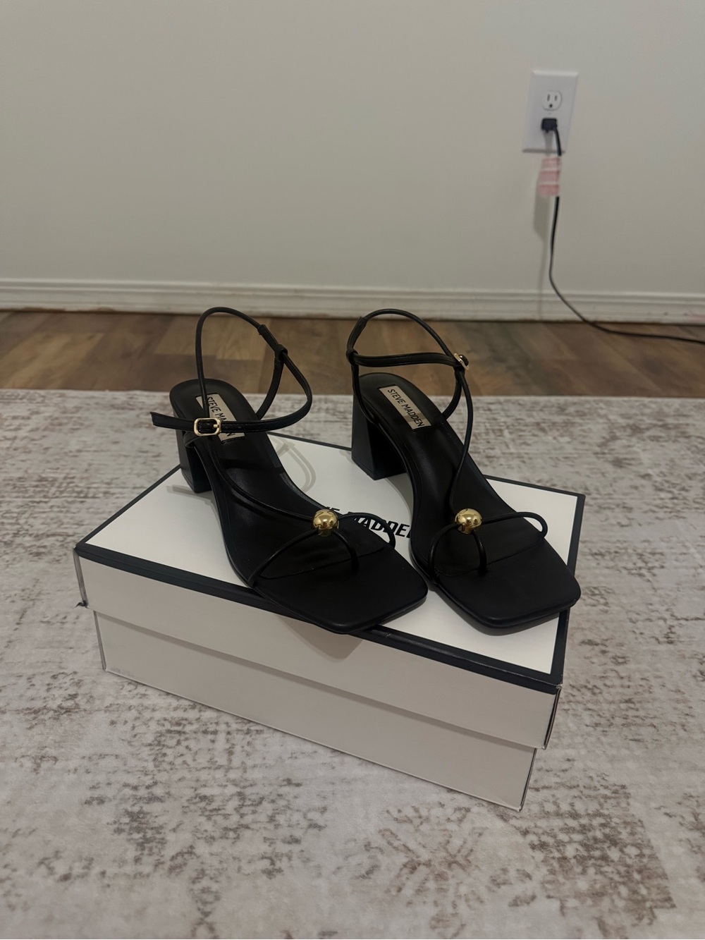 Steve Madden Black Strappy Block Heel with Gold Orb Detail